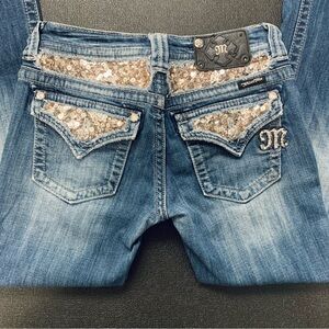 Miss Me Blue Flare Jeans with Sequin Accents, Retro throwback, cowgirl